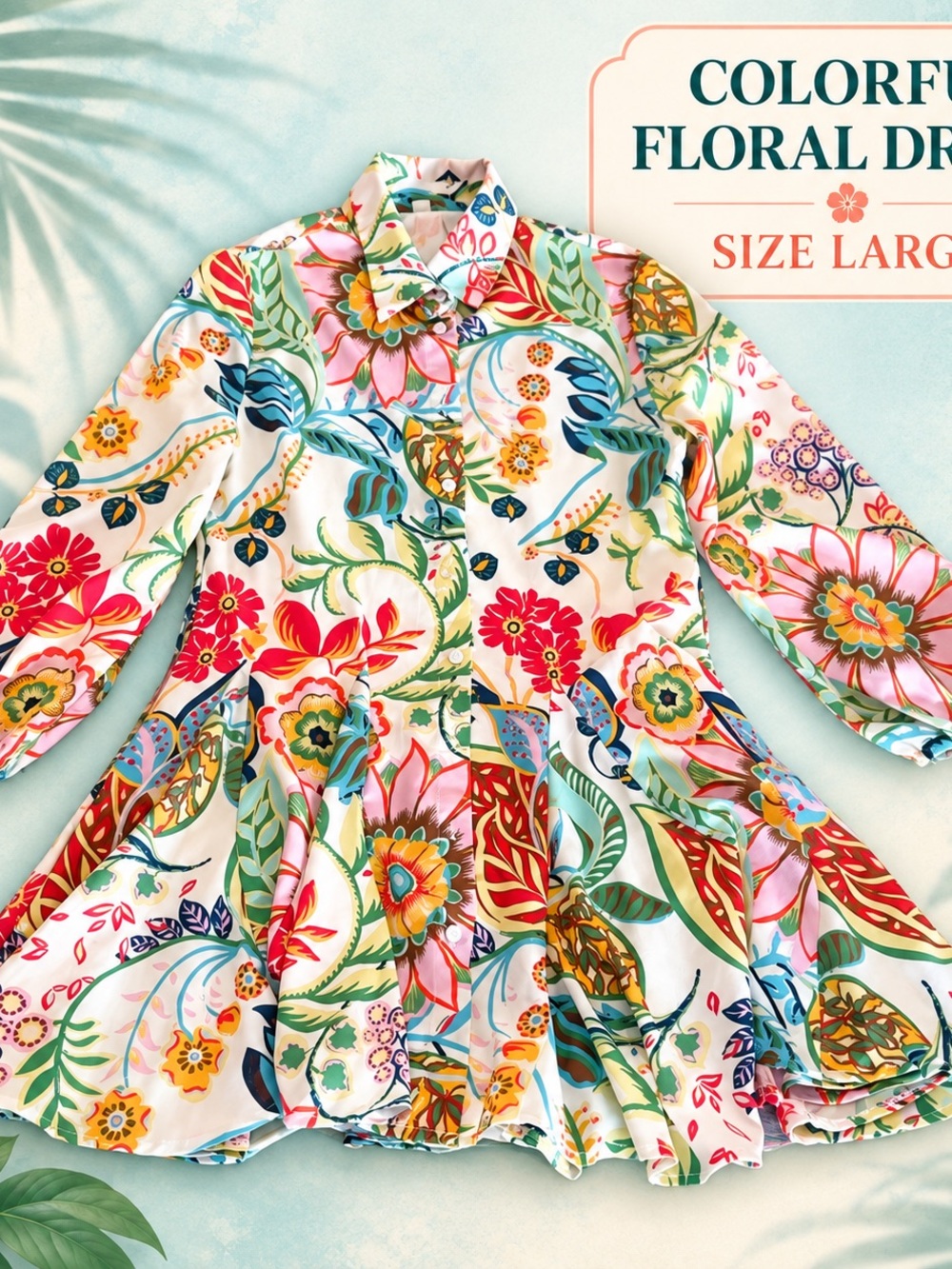 #0349 Colorful Floral Button-Front Fit & Flare Dress Size Large - Picture 1 of 1